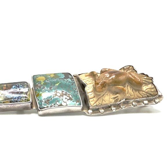 Vintage Amy Kahn Russell Carved Frog Brooch-Pendant Combo w/Turquoise & Glass - Picture 13 of 15